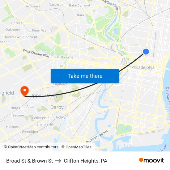 Broad St & Brown St to Clifton Heights, PA map