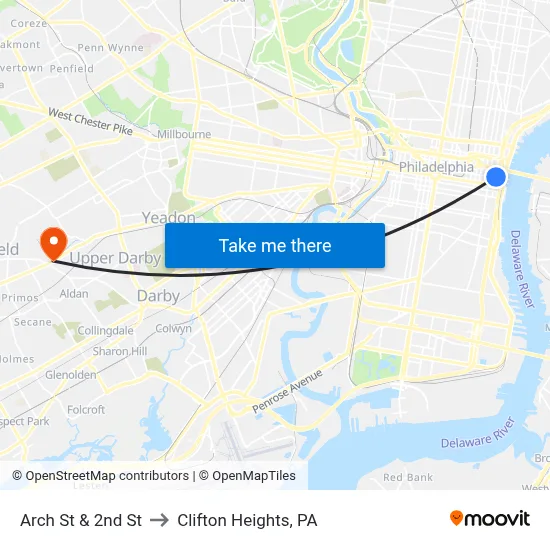 Arch St & 2nd St to Clifton Heights, PA map