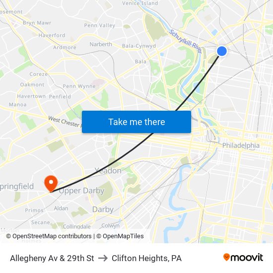 Allegheny Av & 29th St to Clifton Heights, PA map