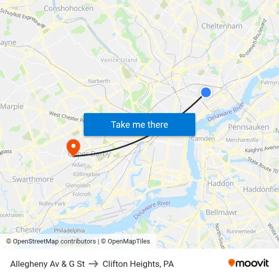 Allegheny Av & G St to Clifton Heights, PA map