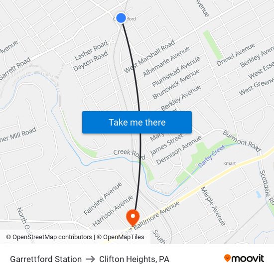 Garrettford Station to Clifton Heights, PA map