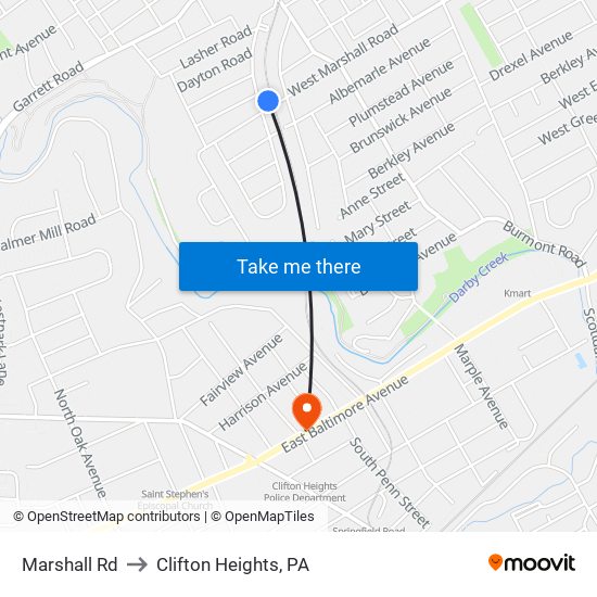Marshall Rd to Clifton Heights, PA map
