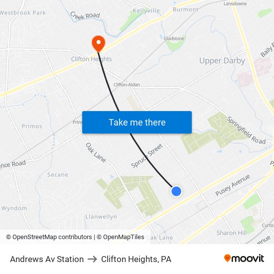 Andrews Av Station to Clifton Heights, PA map