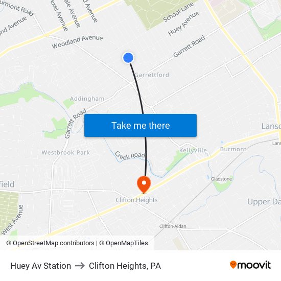 Huey Av Station to Clifton Heights, PA map