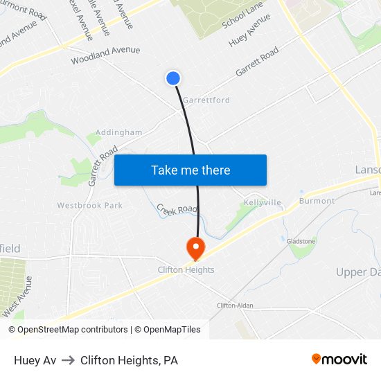 Huey Av to Clifton Heights, PA map