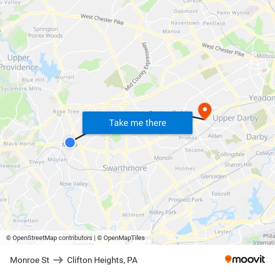Monroe St to Clifton Heights, PA map