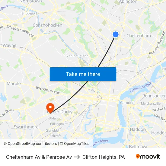 Cheltenham Av & Penrose Av to Clifton Heights, PA map