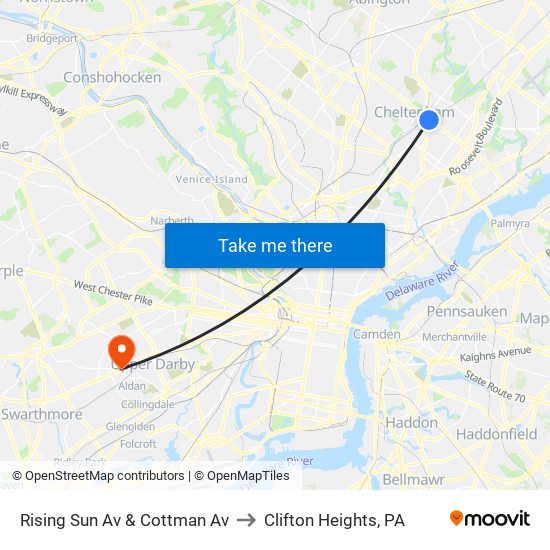 Rising Sun Av & Cottman Av to Clifton Heights, PA map