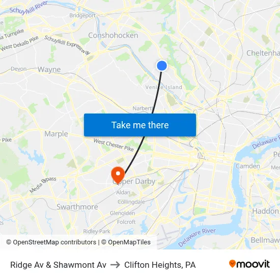 Ridge Av & Shawmont Av to Clifton Heights, PA map