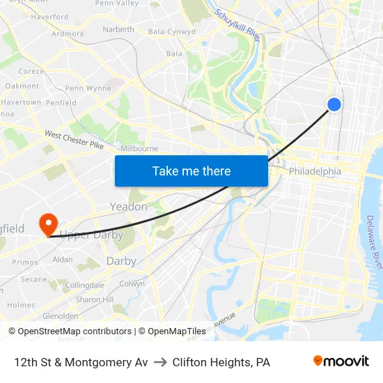 12th St & Montgomery Av to Clifton Heights, PA map
