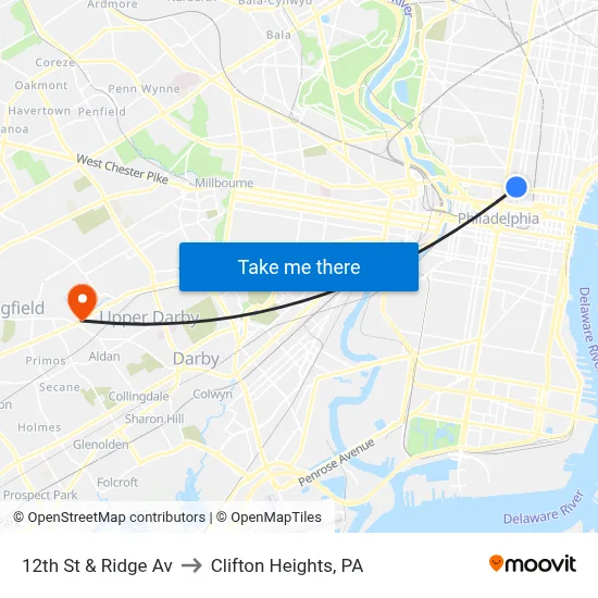 12th St & Ridge Av to Clifton Heights, PA map