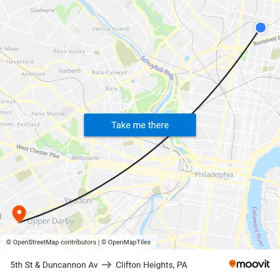 5th St & Duncannon Av to Clifton Heights, PA map