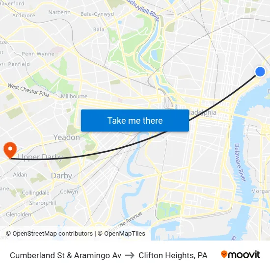 Cumberland St & Aramingo Av to Clifton Heights, PA map