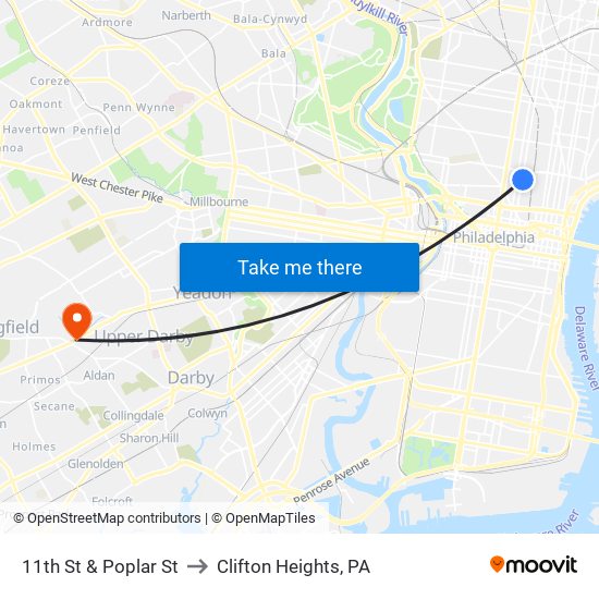 11th St & Poplar St to Clifton Heights, PA map