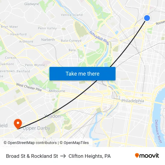 Broad St & Rockland St to Clifton Heights, PA map