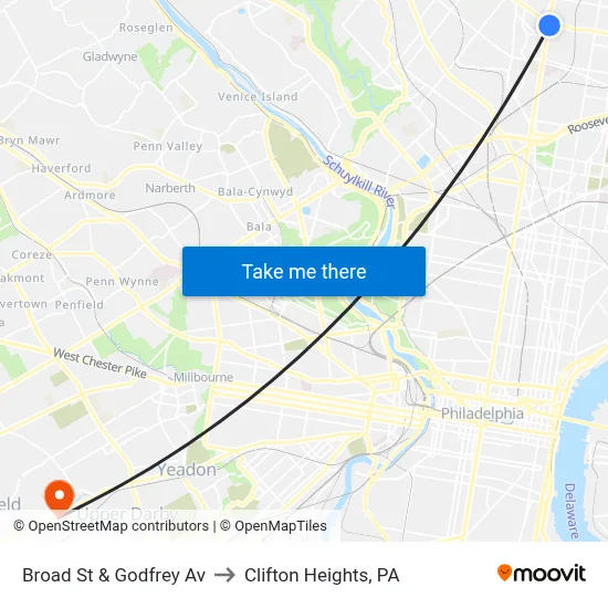 Broad St & Godfrey Av to Clifton Heights, PA map