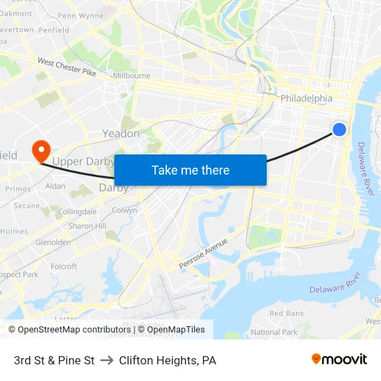 3rd St & Pine St to Clifton Heights, PA map
