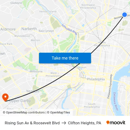 Rising Sun Av & Roosevelt Blvd to Clifton Heights, PA map