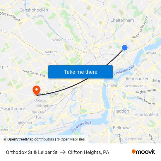 Orthodox St & Leiper St to Clifton Heights, PA map