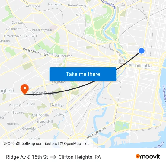 Ridge Av & 15th St to Clifton Heights, PA map