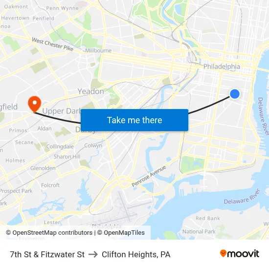 7th St & Fitzwater St to Clifton Heights, PA map