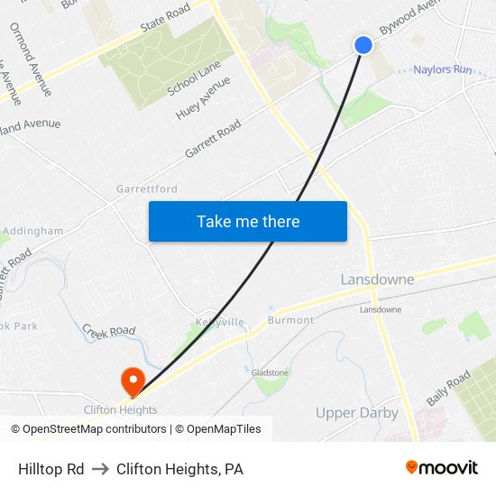 Hilltop Rd to Clifton Heights, PA map