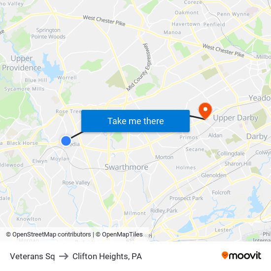 Veterans Sq to Clifton Heights, PA map