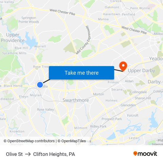 Olive St to Clifton Heights, PA map