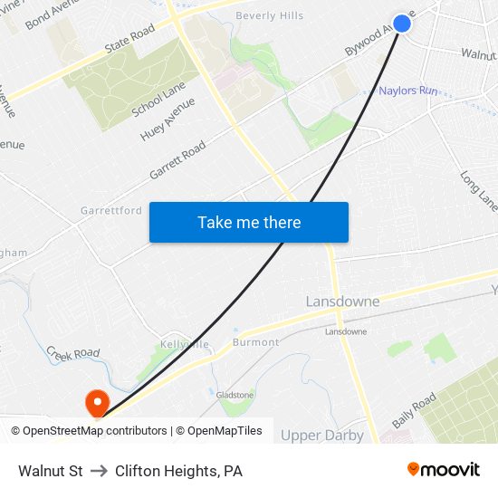 Walnut St to Clifton Heights, PA map