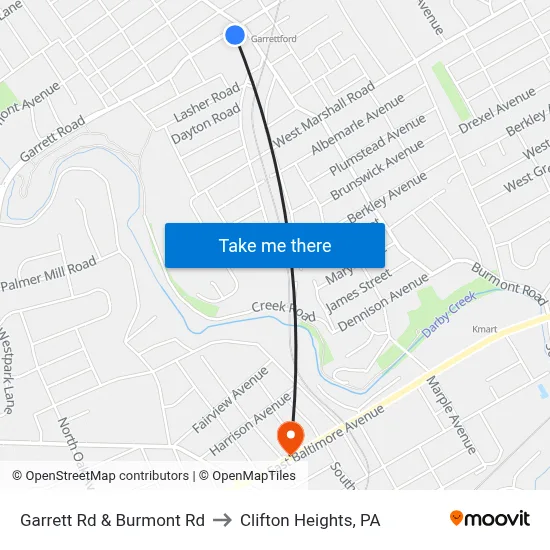 Garrett Rd & Burmont Rd to Clifton Heights, PA map