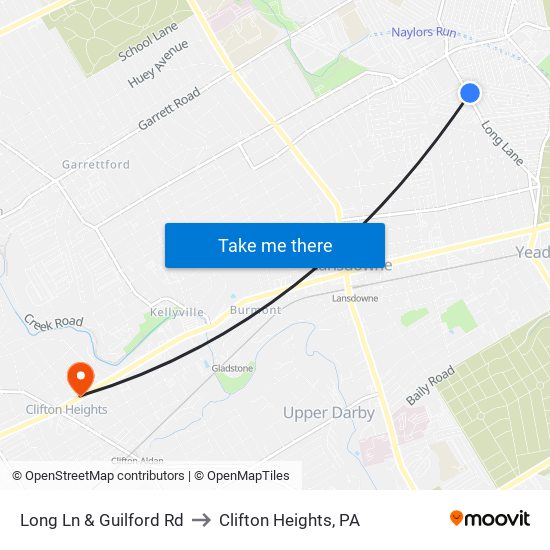 Long Ln & Guilford Rd to Clifton Heights, PA map