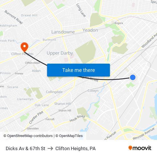 Dicks Av & 67th St to Clifton Heights, PA map