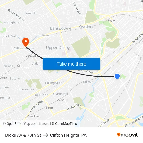 Dicks Av & 70th St to Clifton Heights, PA map
