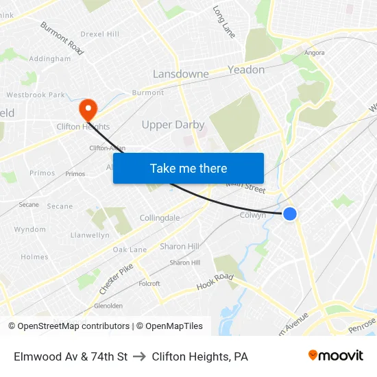 Elmwood Av & 74th St to Clifton Heights, PA map