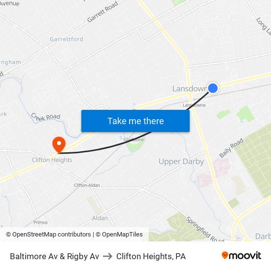 Baltimore Av & Rigby Av to Clifton Heights, PA map