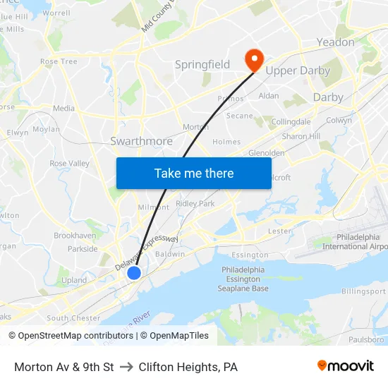 Morton Av & 9th St to Clifton Heights, PA map