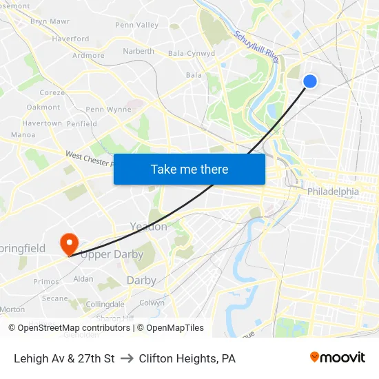 Lehigh Av & 27th St to Clifton Heights, PA map