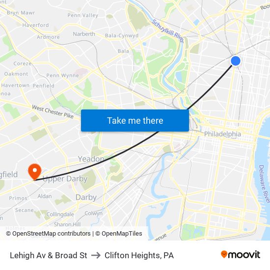 Lehigh Av & Broad St to Clifton Heights, PA map