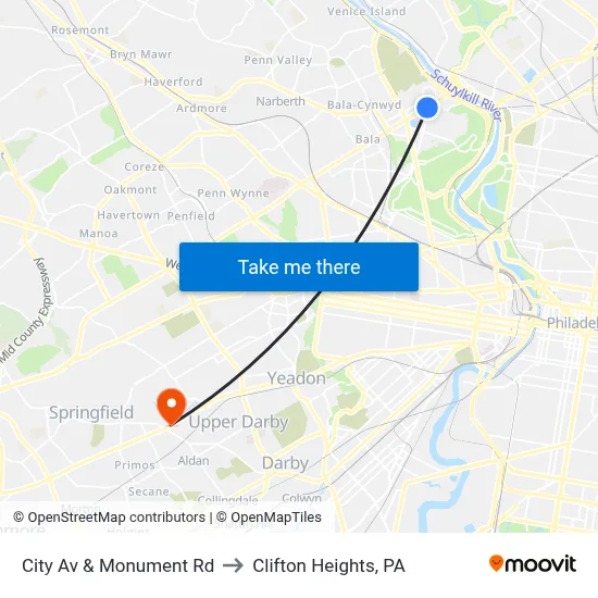 City Av & Monument Rd to Clifton Heights, PA map