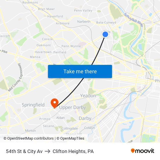 54th St & City Av to Clifton Heights, PA map