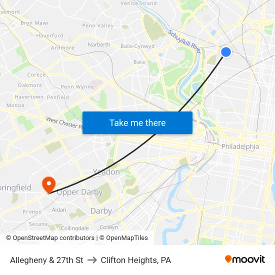 Allegheny & 27th St to Clifton Heights, PA map