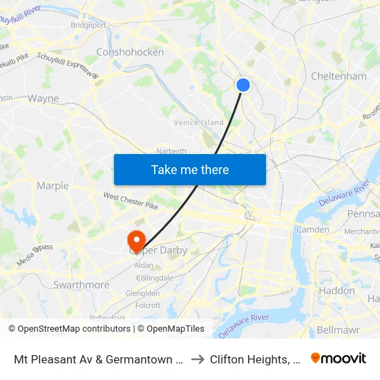 Mt Pleasant Av & Germantown Av to Clifton Heights, PA map