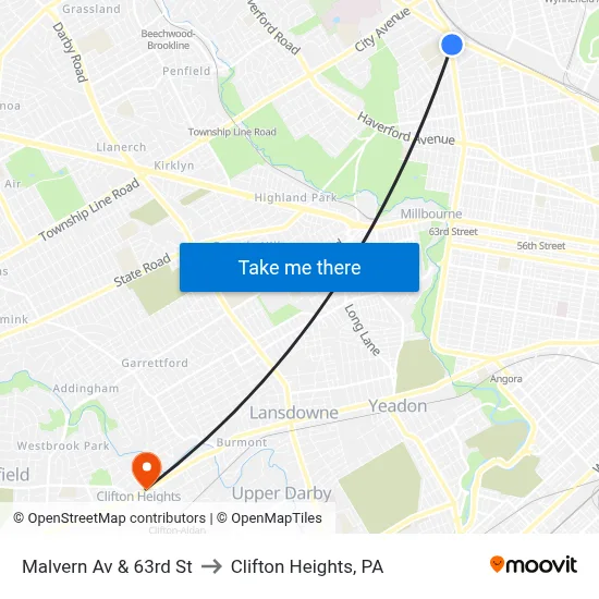 Malvern Av & 63rd St to Clifton Heights, PA map
