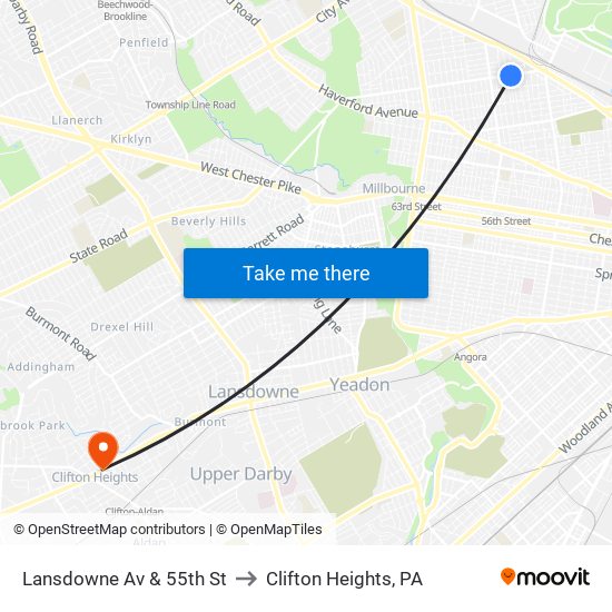 Lansdowne Av & 55th St to Clifton Heights, PA map