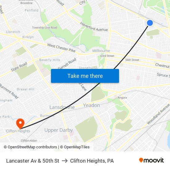 Lancaster Av & 50th St to Clifton Heights, PA map