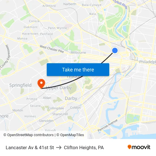 Lancaster Av & 41st St to Clifton Heights, PA map