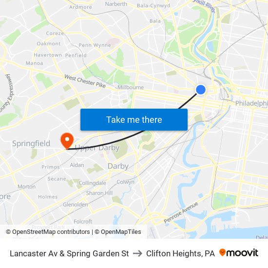 Lancaster Av & Spring Garden St to Clifton Heights, PA map
