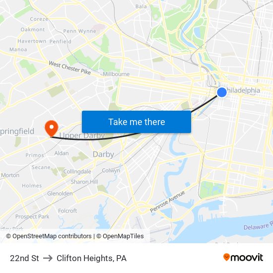 22nd St to Clifton Heights, PA map