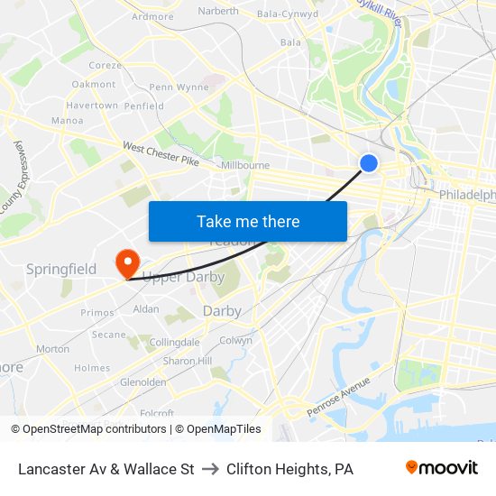 Lancaster Av & Wallace St to Clifton Heights, PA map