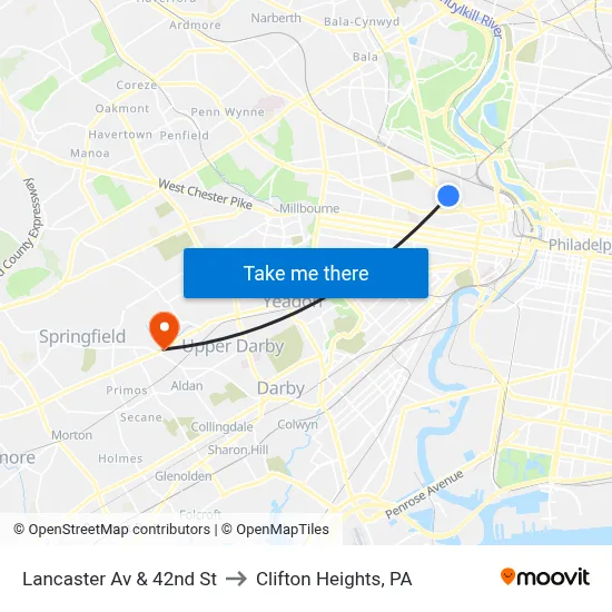 Lancaster Av & 42nd St to Clifton Heights, PA map